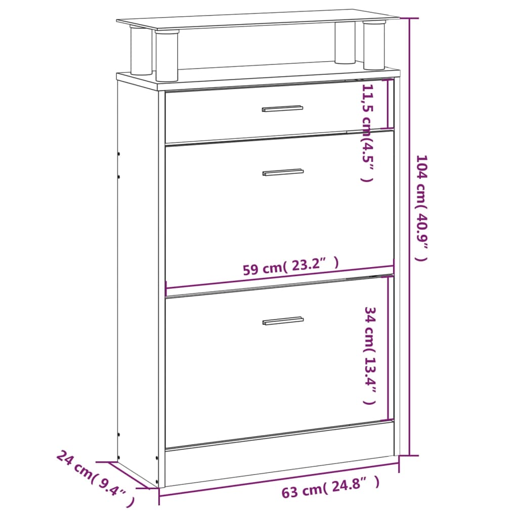 Schuhschrank mit Schubfach und oberem Glasregal Holz Weiß