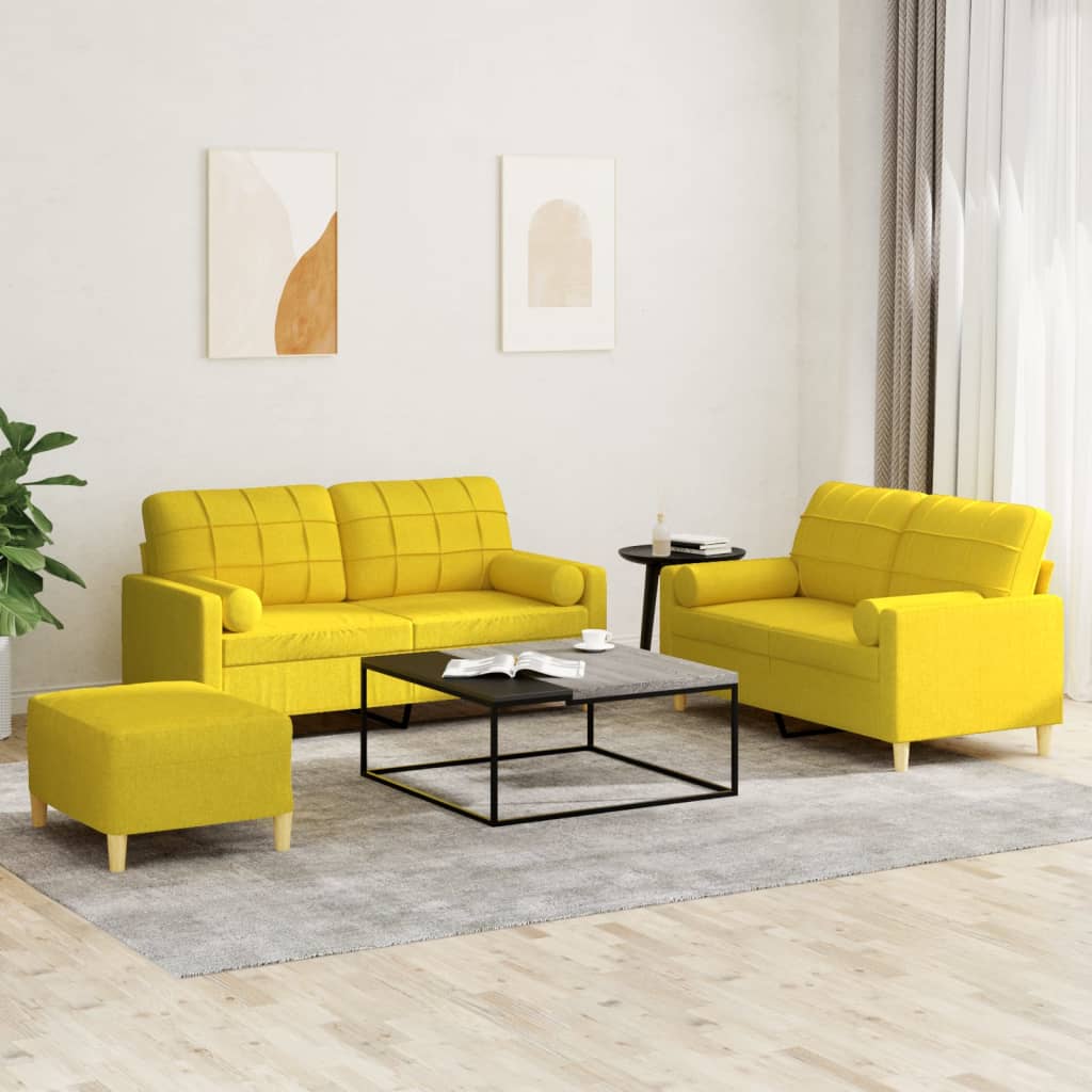 3-tlg. Sofagarnitur mit Kissen Creme Stoff