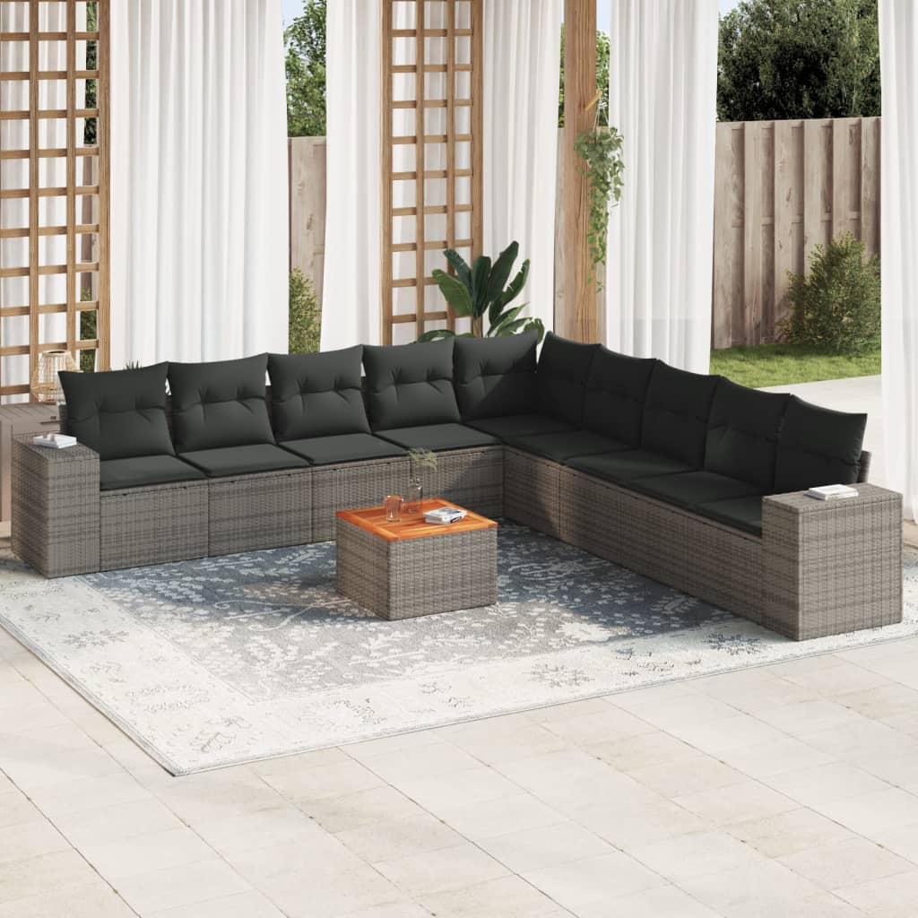 10-tlg. Garten-Sofagarnitur mit Kissen Schwarz Poly Rattan