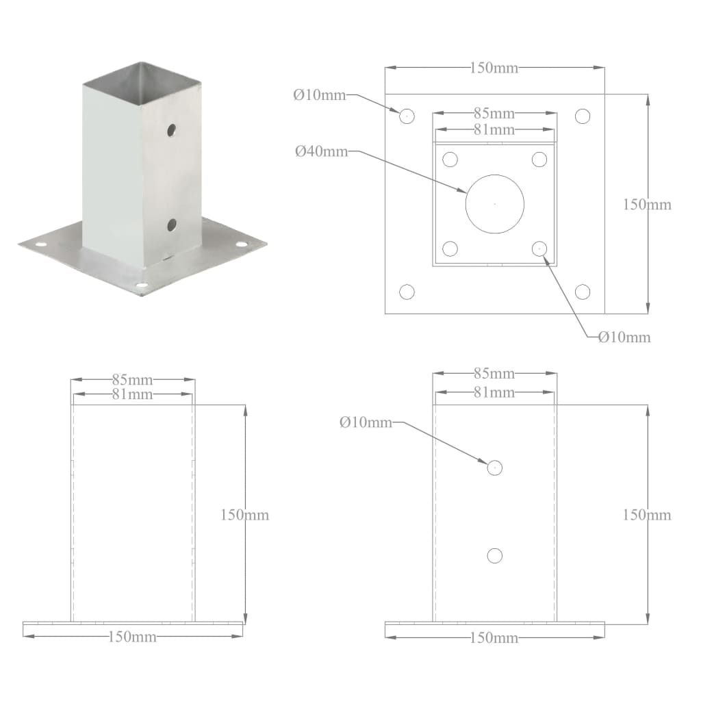 Pfostenanker 4 Stk. Verzinktes Metall 71 mm