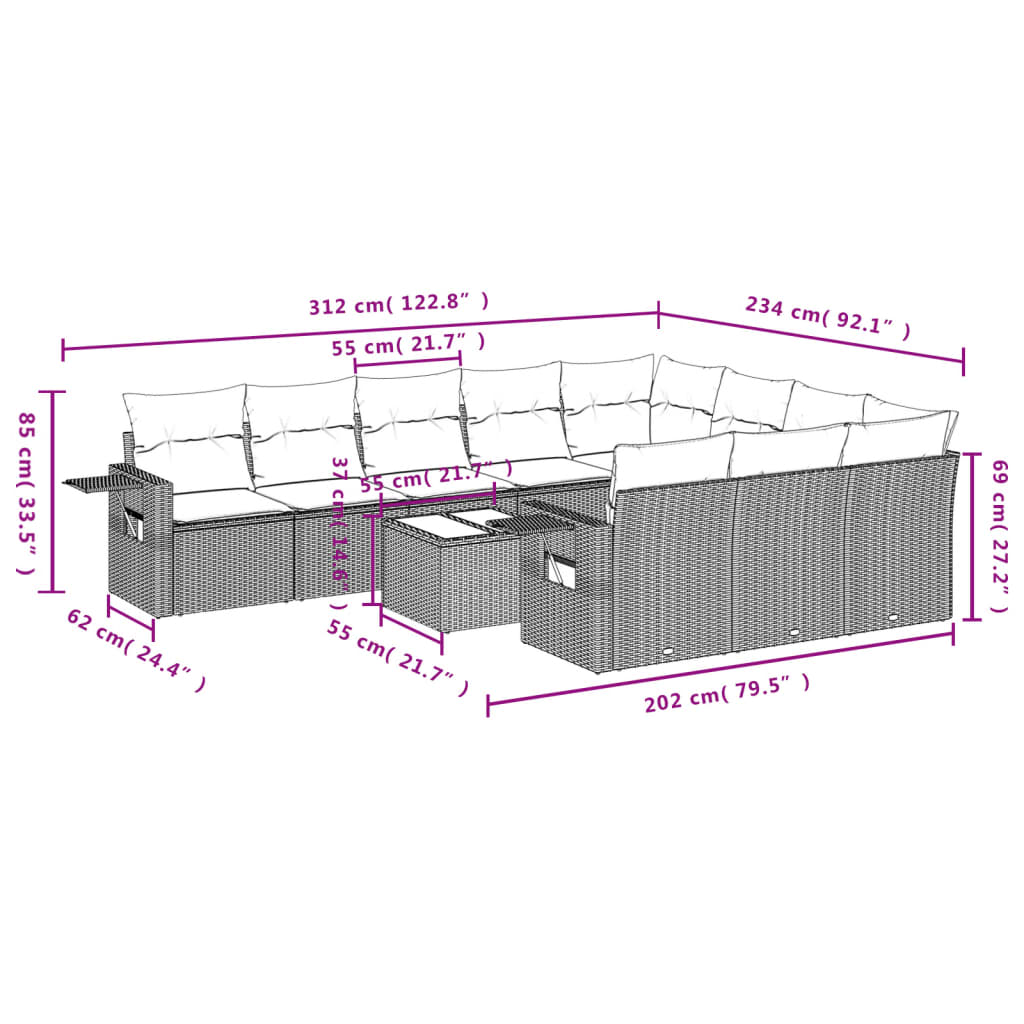 10-teiliges Gartensofa-Set mit Kissen, schwarzes Polyrattan