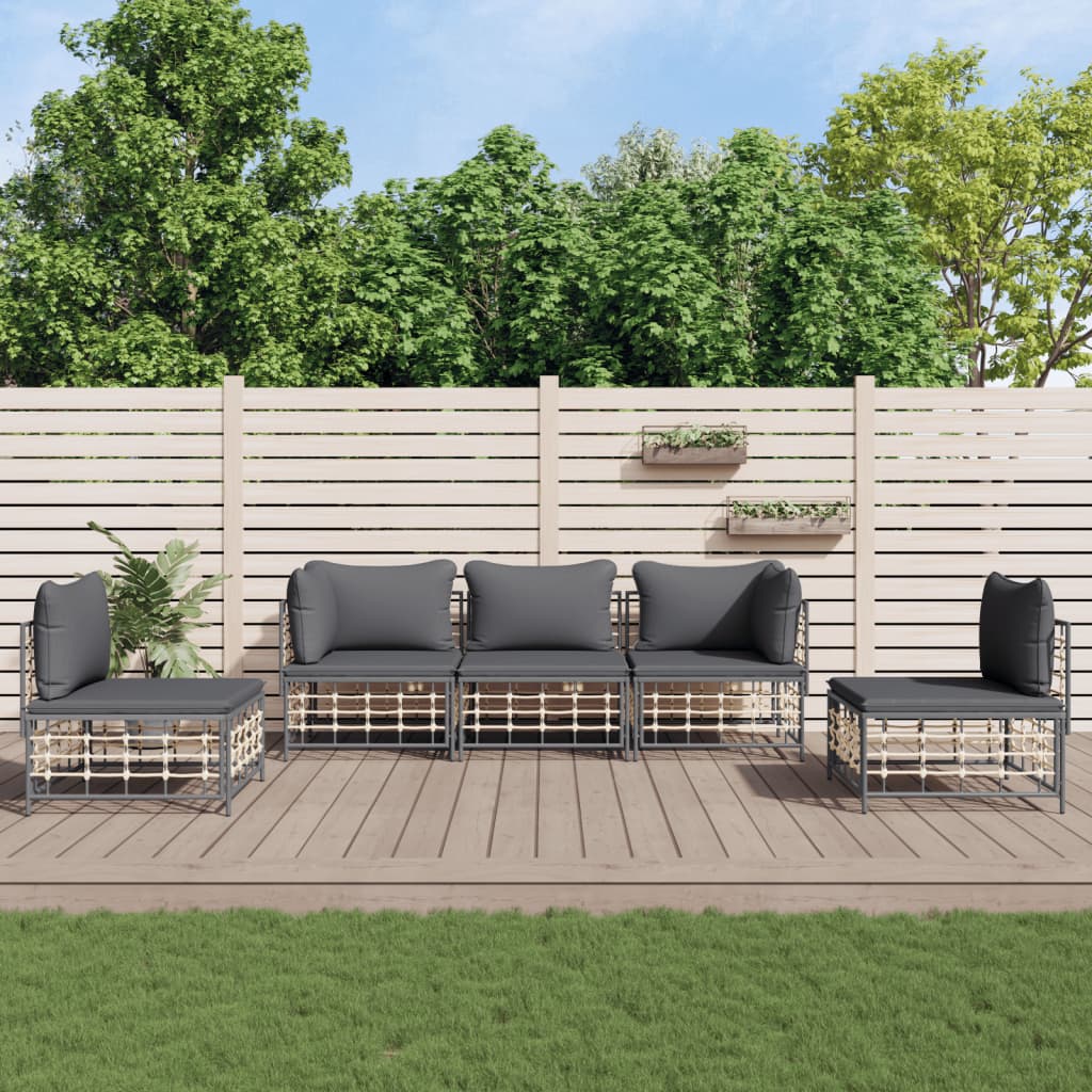 6-tlg. Garten-Lounge-Set mit Kissen Anthrazit Poly Rattan