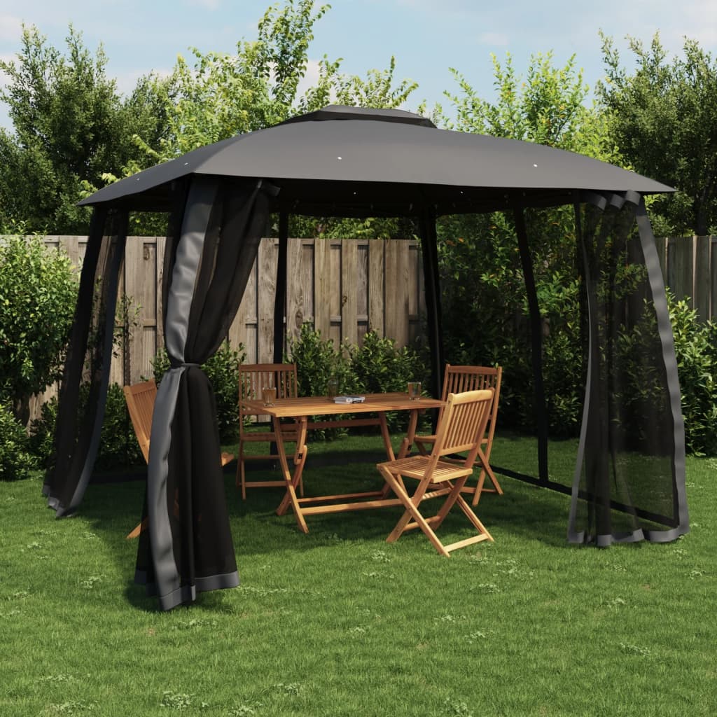 Pavillon mit Doppeldach & Netzwänden Creme 2,93x2,93 m Stahl
