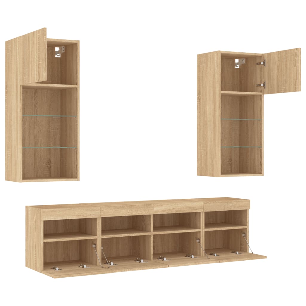 5-tlg. Wohnwand mit LED-Beleuchtung Weiß Holzwerkstoff