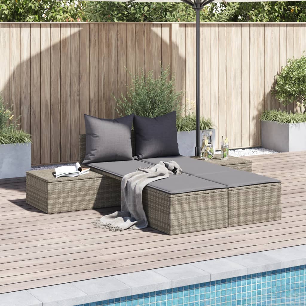 Doppel-Sonnenliege mit Auflagen Beige Poly Rattan