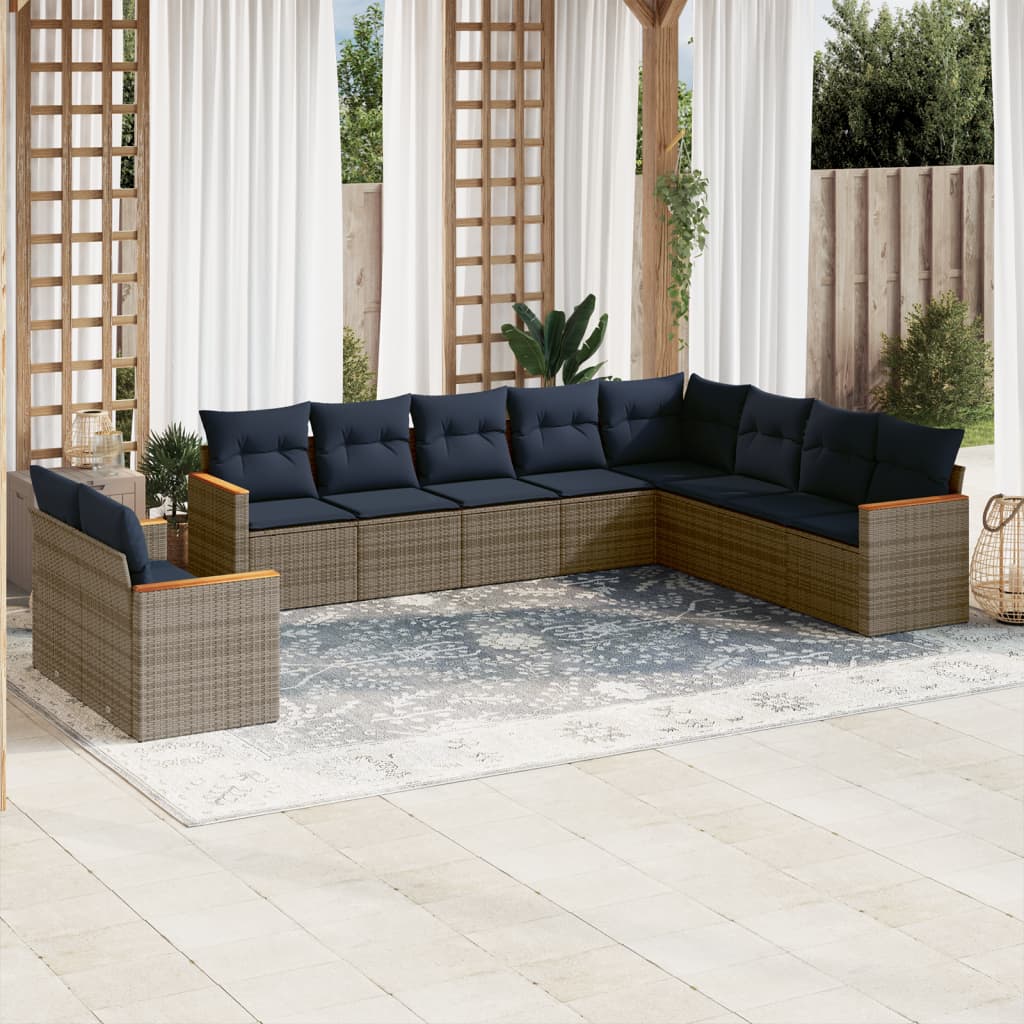 10-teiliges Gartensofa-Set mit Kissen, schwarzes Polyrattan