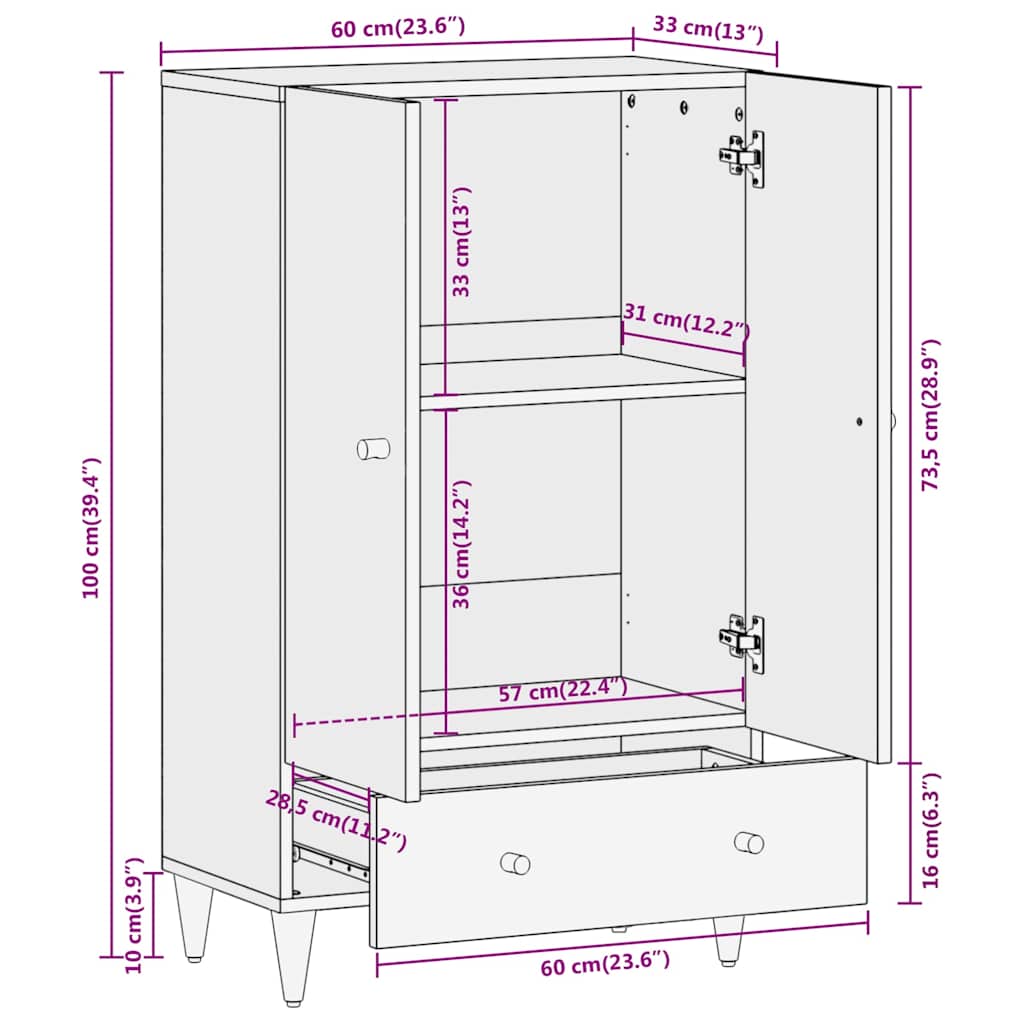 Highboard 60x33x100 cm Massivholz Mango