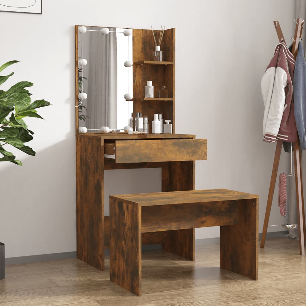Schminktisch-Set mit LED Weiß Holzwerkstoff