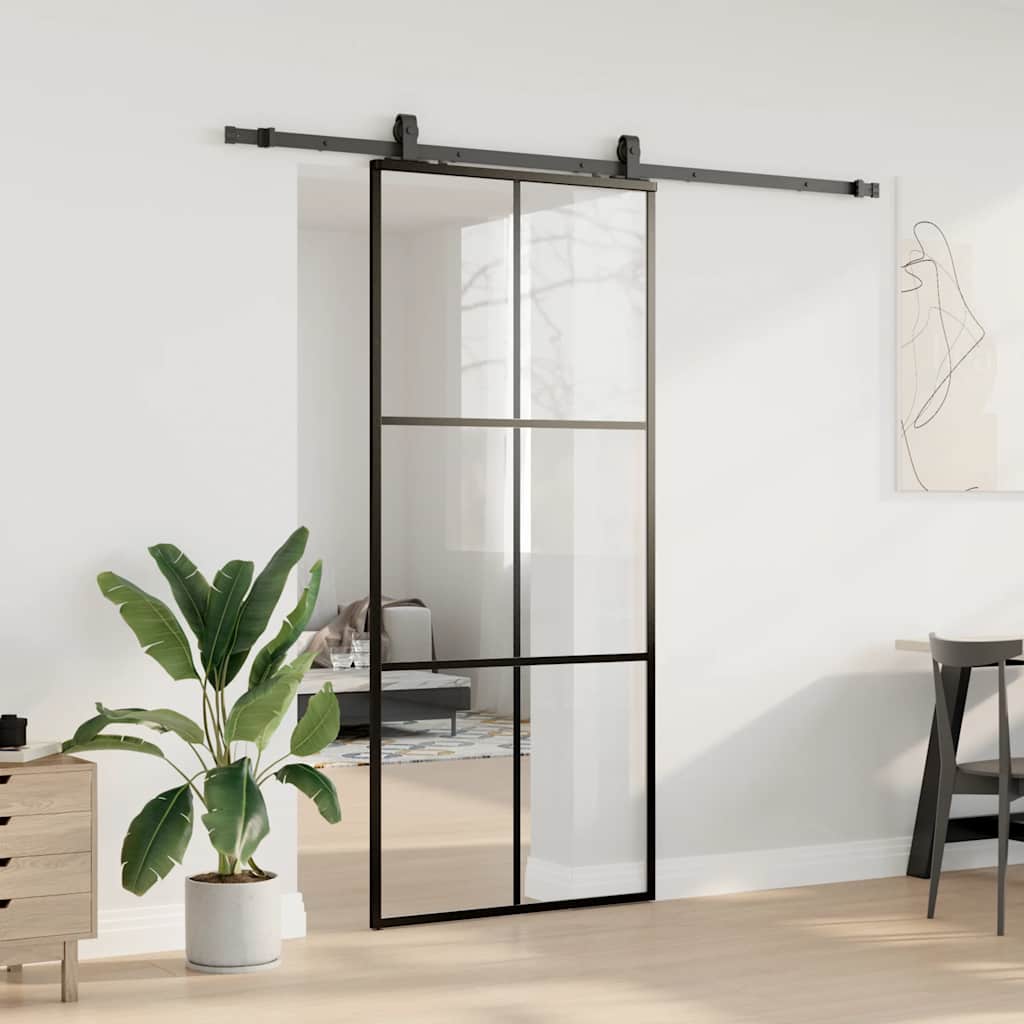 Schiebetür mit Beschlag Schwarz 76x205 cm ESG-Glas