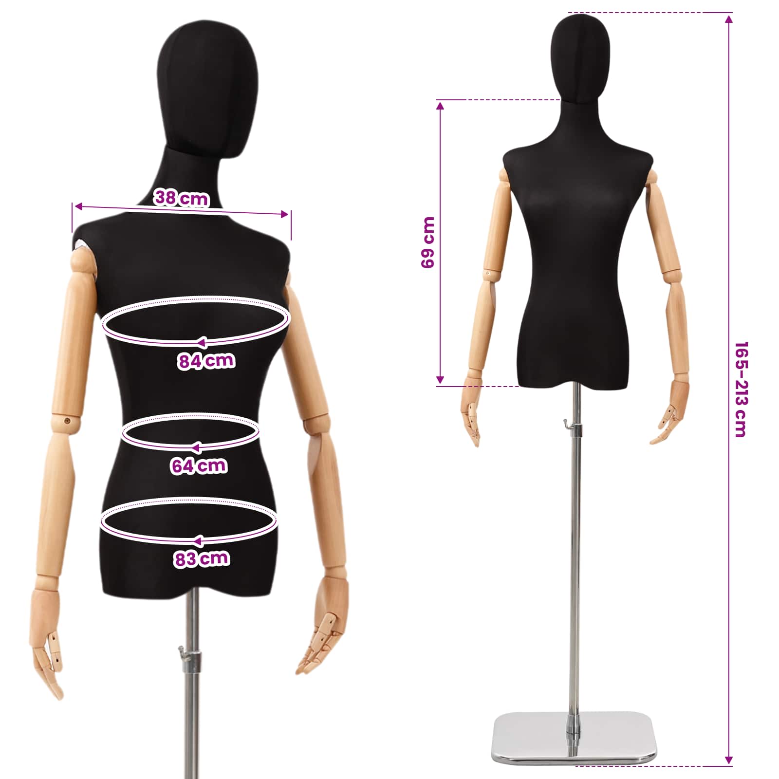 Verstellbare Mannequin 165-213 cm mit Fuß Weiblich PP Weiß
