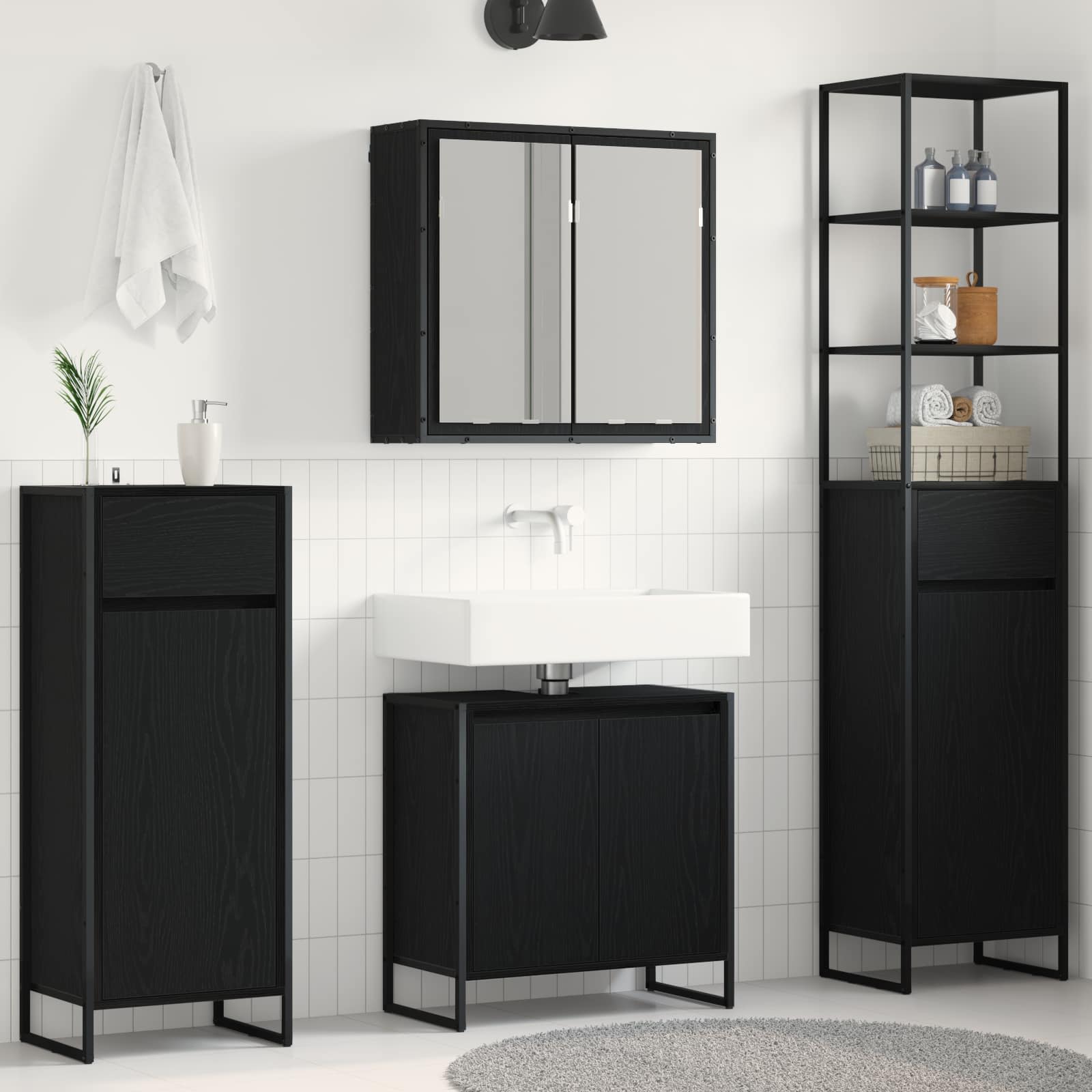 Badezimmermöbel-Set mit Tür Schwarz Eichen-Optik Holzwerkstoff