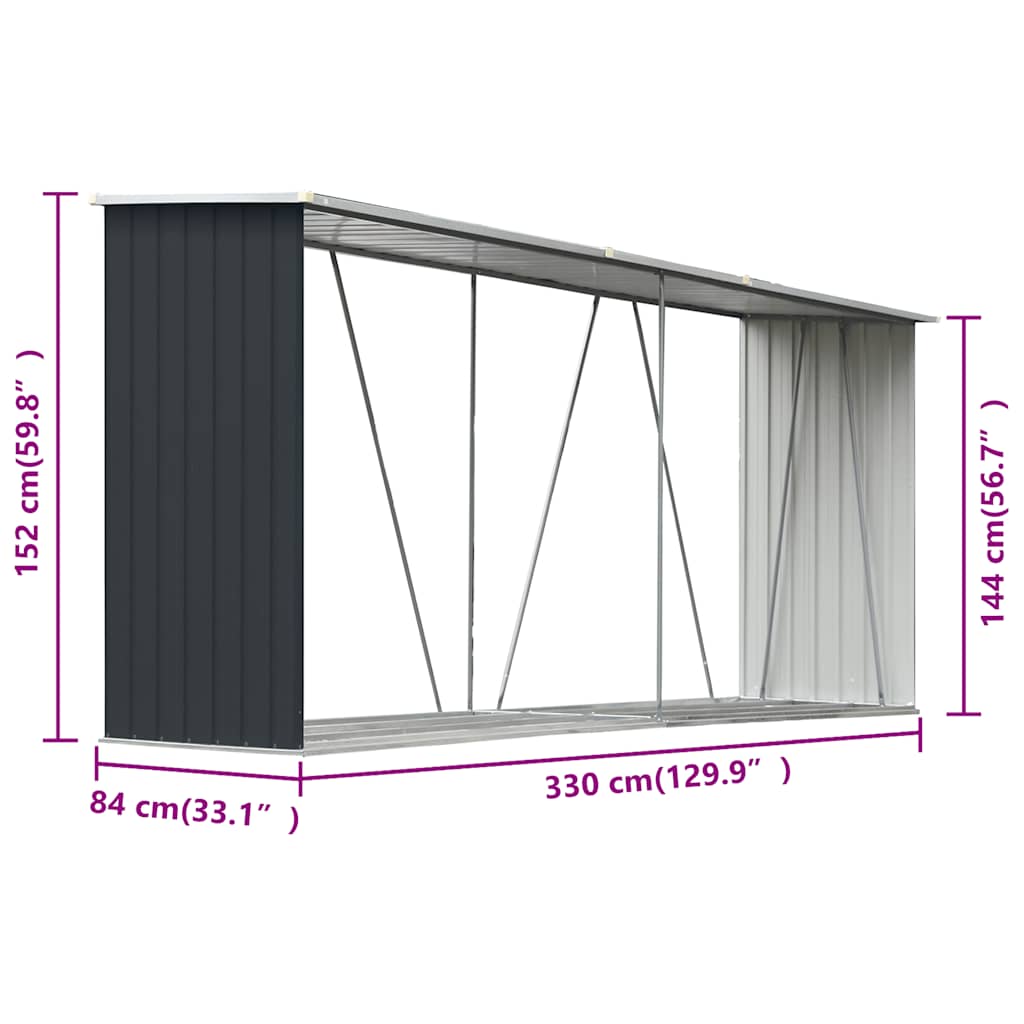 Brennholzlager aus verzinktem Stahl 330x84x152 cm Grau