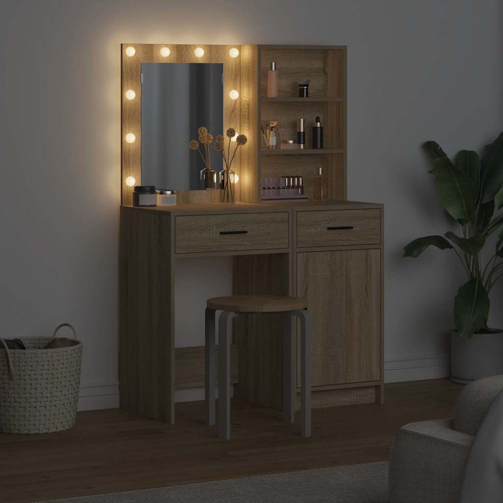 Schminktischset mit LED mit Schubladen 2 pcs Weiß Holzwerkstoff