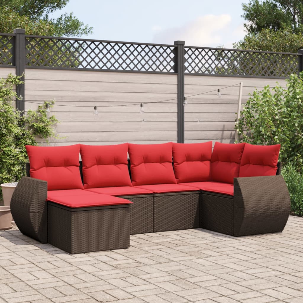 6-teiliges Gartensofa-Set mit Kissen, schwarzes Polyrattan