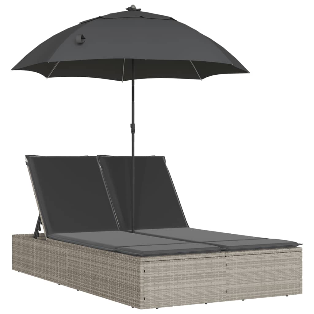 Doppel-Sonnenliege mit Kissen&Sonnenschirm Schwarz Poly Rattan