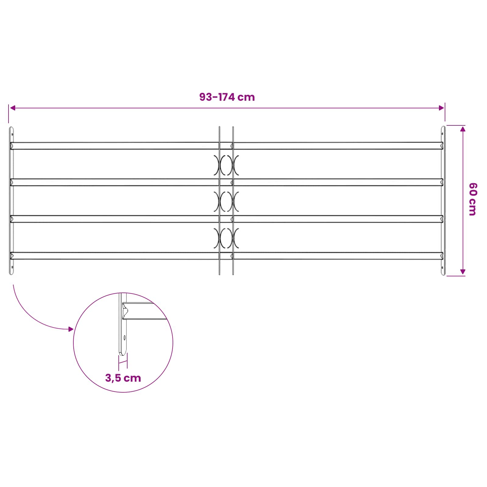 Sicherheitsgitter für Fenster mit 2 Querstangen 43-74 cm