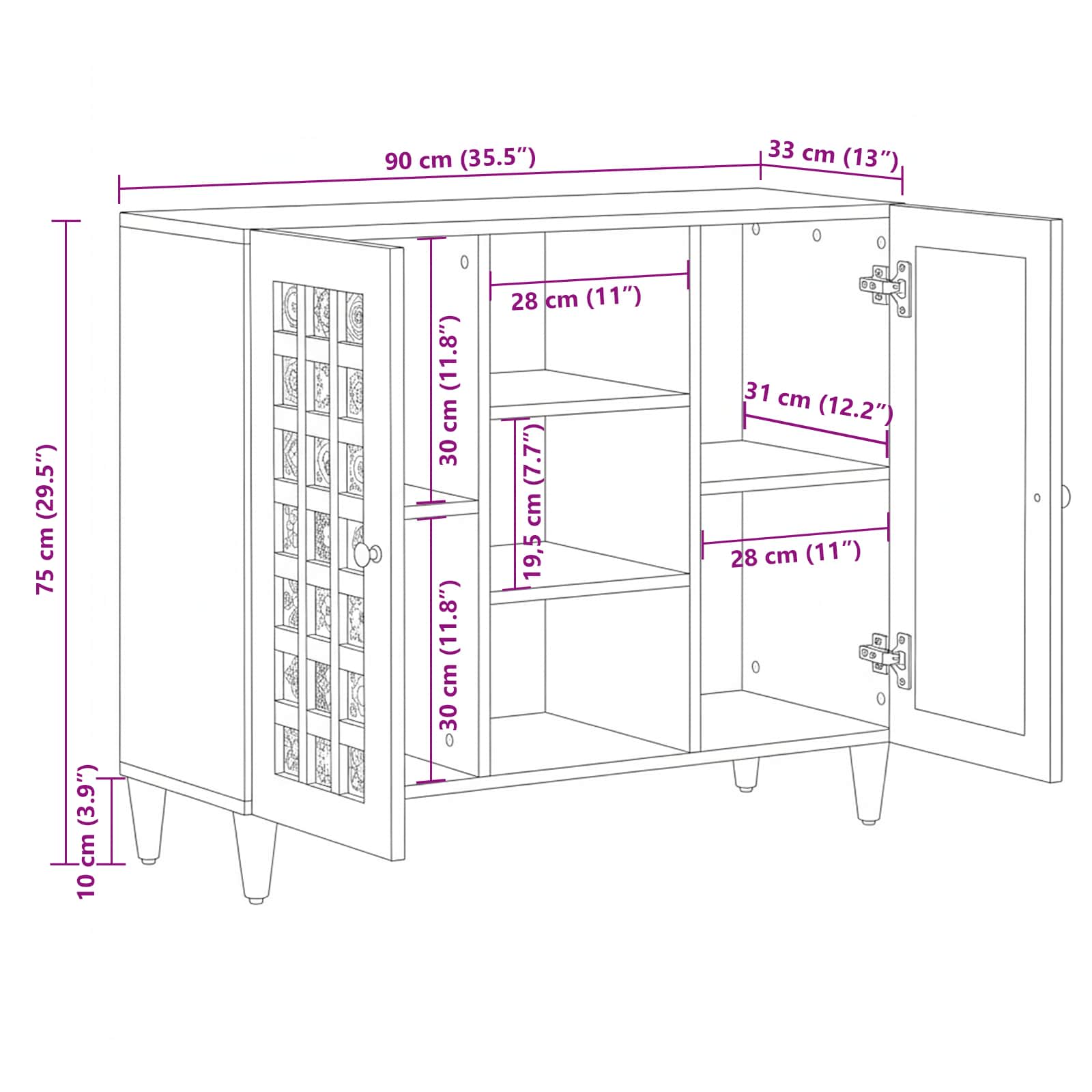 Sideboard mit Regal Walnuss 90 x 33,5 x 75 cm Massivholz Mango