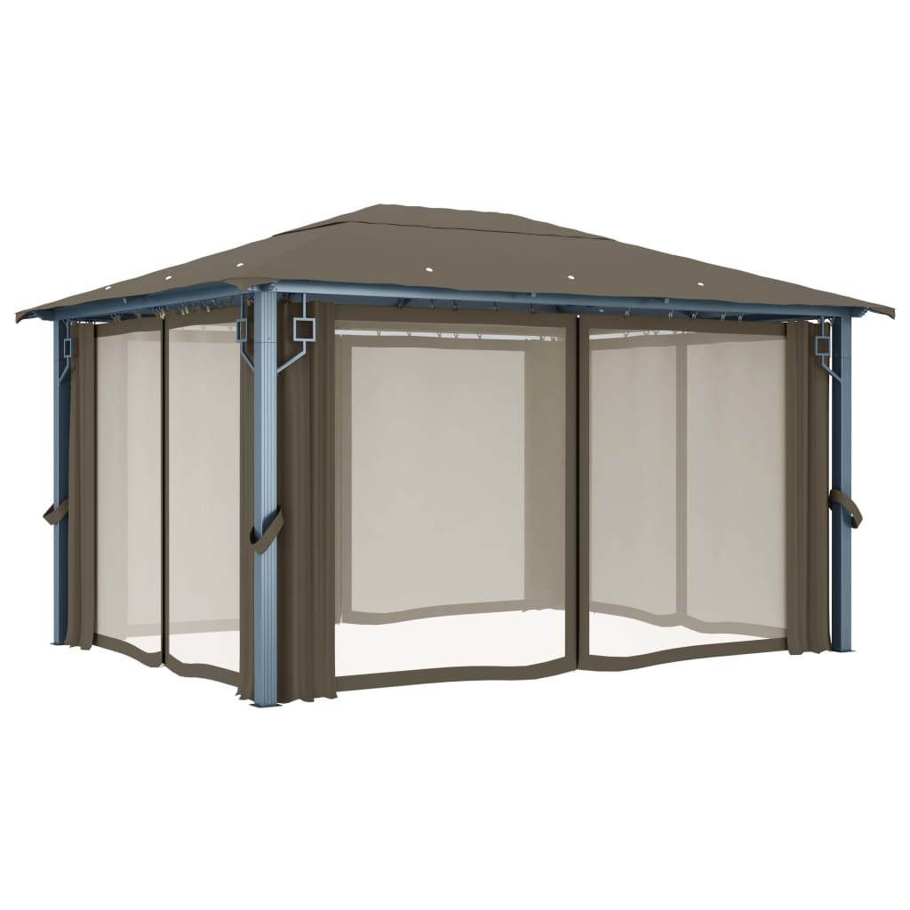 Pavillon mit Vorhängen & LED-Lichterkette 300x300 cm Creme Alu