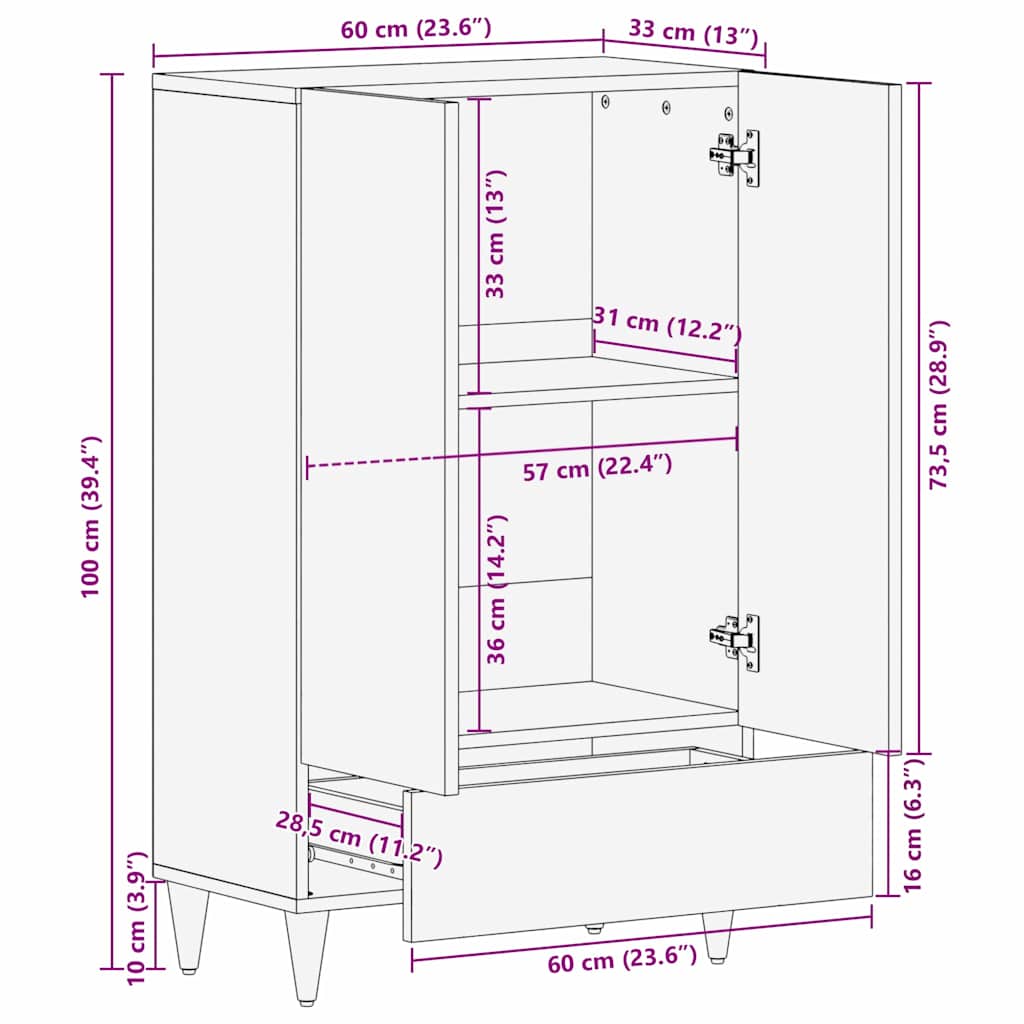 Highboard Grau und Gold 60 x 33 x 100 cm Massivholz Mango