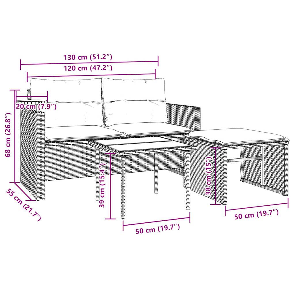 3-teiliges Gartensofa-Set mit Kissen, grau, Polyrattan