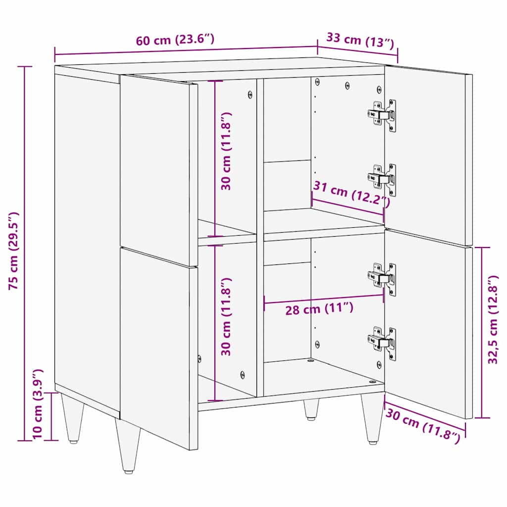 Sideboard Grau und Gold 60 x 33 x 75 cm Massivholz Mango
