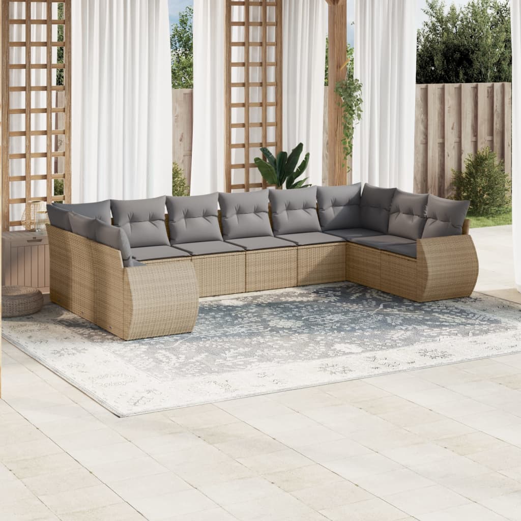 10-tlg. Garten-Sofagarnitur mit Kissen Schwarz Poly Rattan