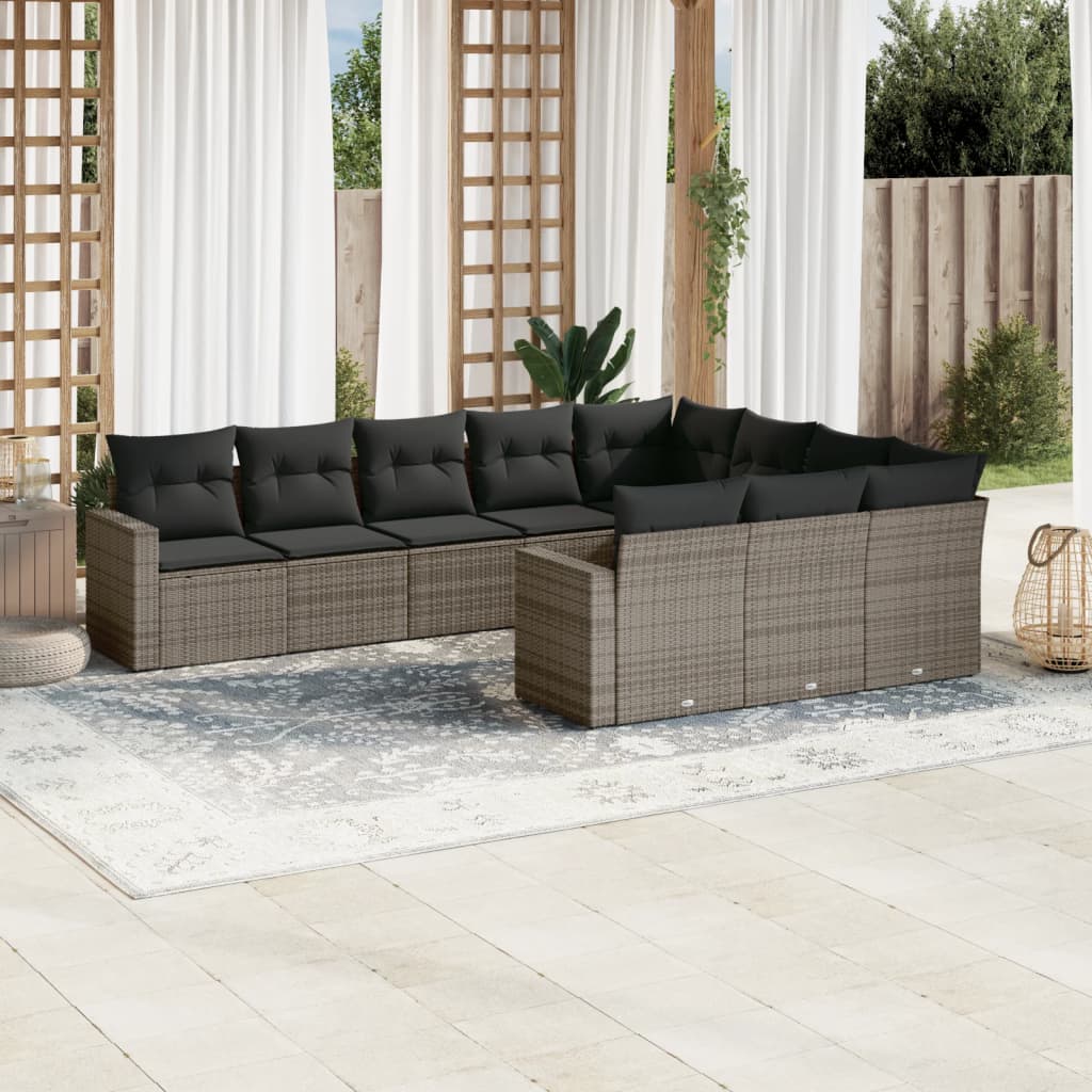 10-tlg. Garten-Sofagarnitur mit Kissen Schwarz Poly Rattan