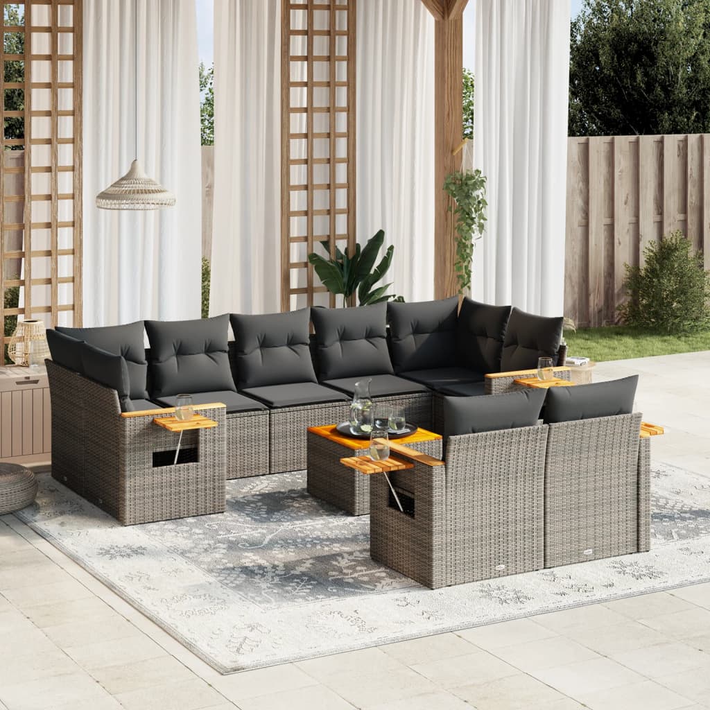 10-tlg. Garten-Sofagarnitur mit Kissen Schwarz Poly Rattan