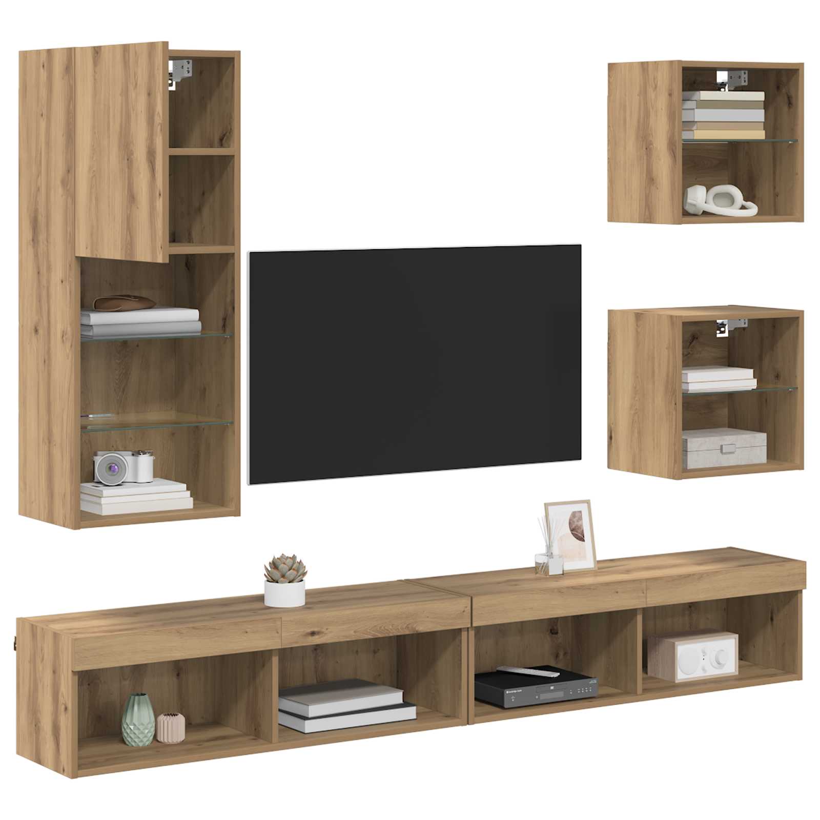 5-tlg. Wohnwand mit LED-Beleuchtung Weiß Holzwerkstoff