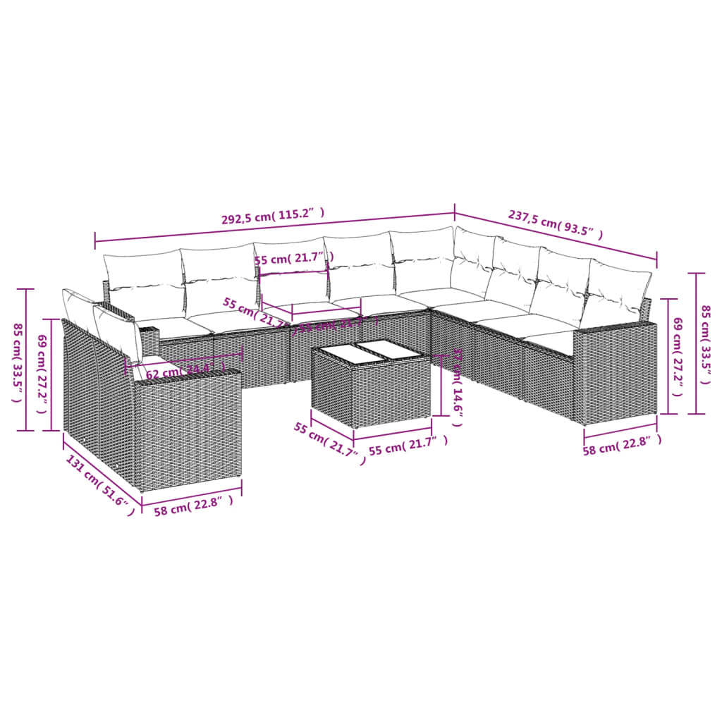 10-tlg. Garten-Sofagarnitur mit Kissen Schwarz Poly Rattan
