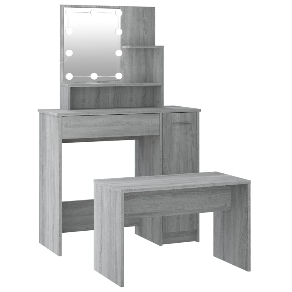 Schminktisch-Set mit LED Weiß Holzwerkstoff