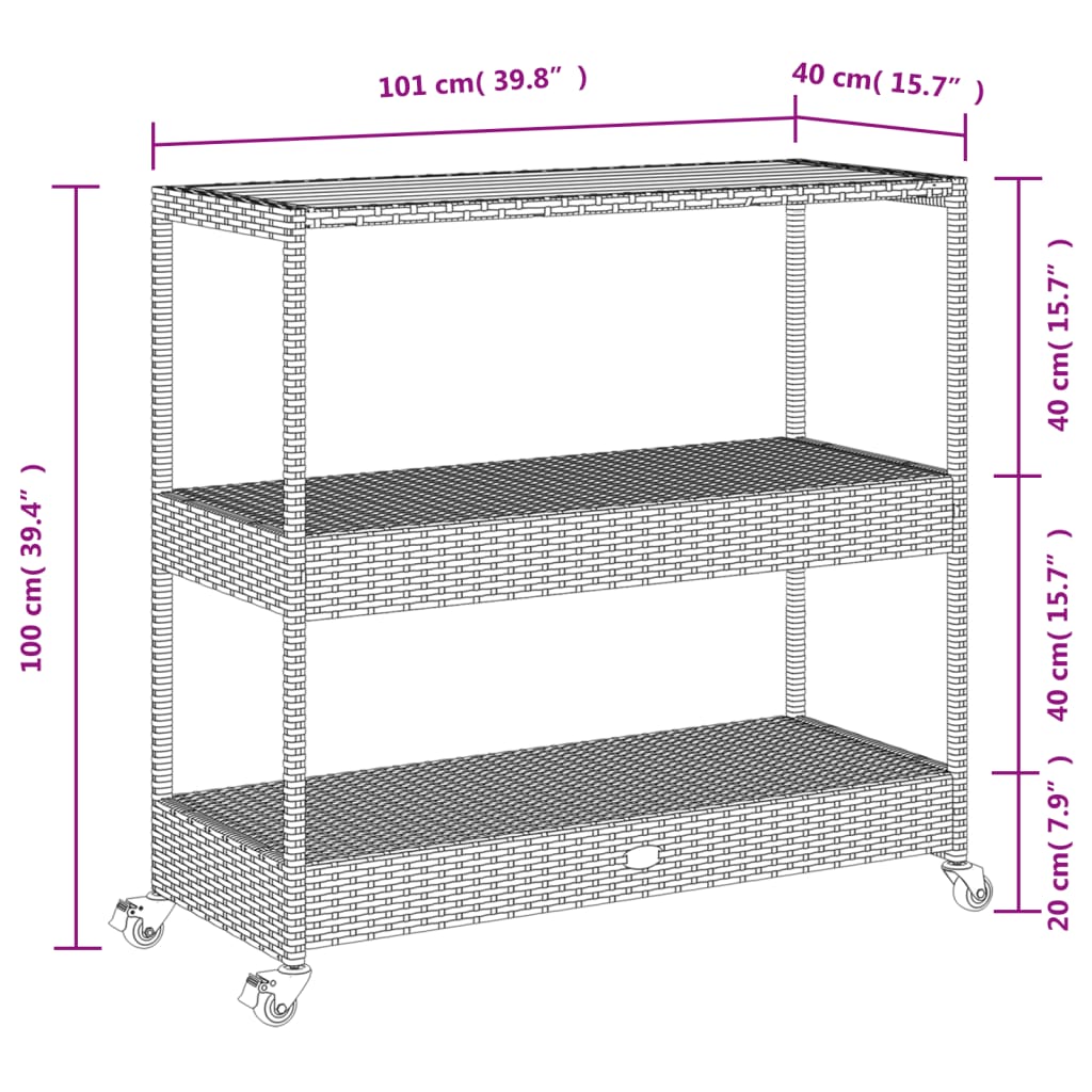 Barwagen 3 Böden Schwarz Poly Rattan und Massivholz Akazie
