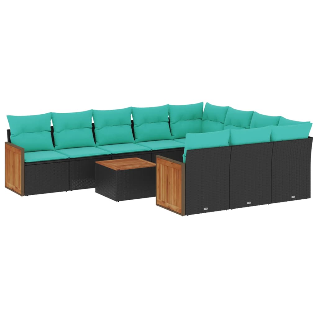 10-teiliges Gartensofa-Set mit Kissen, schwarzes Polyrattan