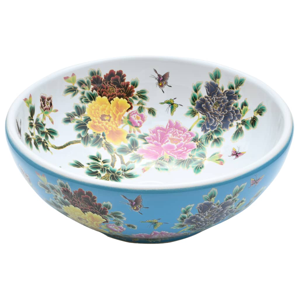 Aufsatzwaschbecken Weiß und Blau Rund Ø41x14 cm Keramik