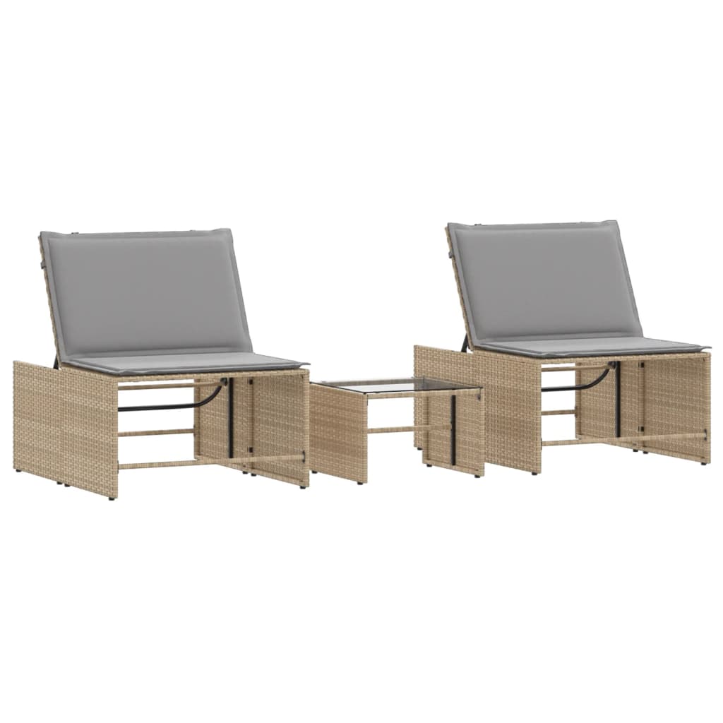 Modulare Sonnenliegen 2 Stk. mit Tisch Schwarz Poly Rattan