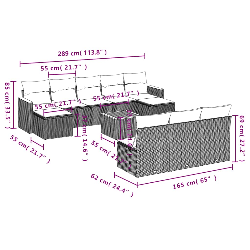 10-teiliges Gartensofa-Set mit Kissen, schwarzes Polyrattan