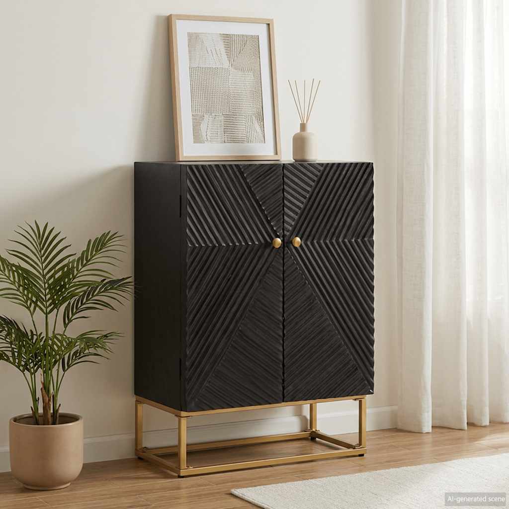 Nachttisch Schwarz 40x30x50 cm Massivholz Mango und Eisen