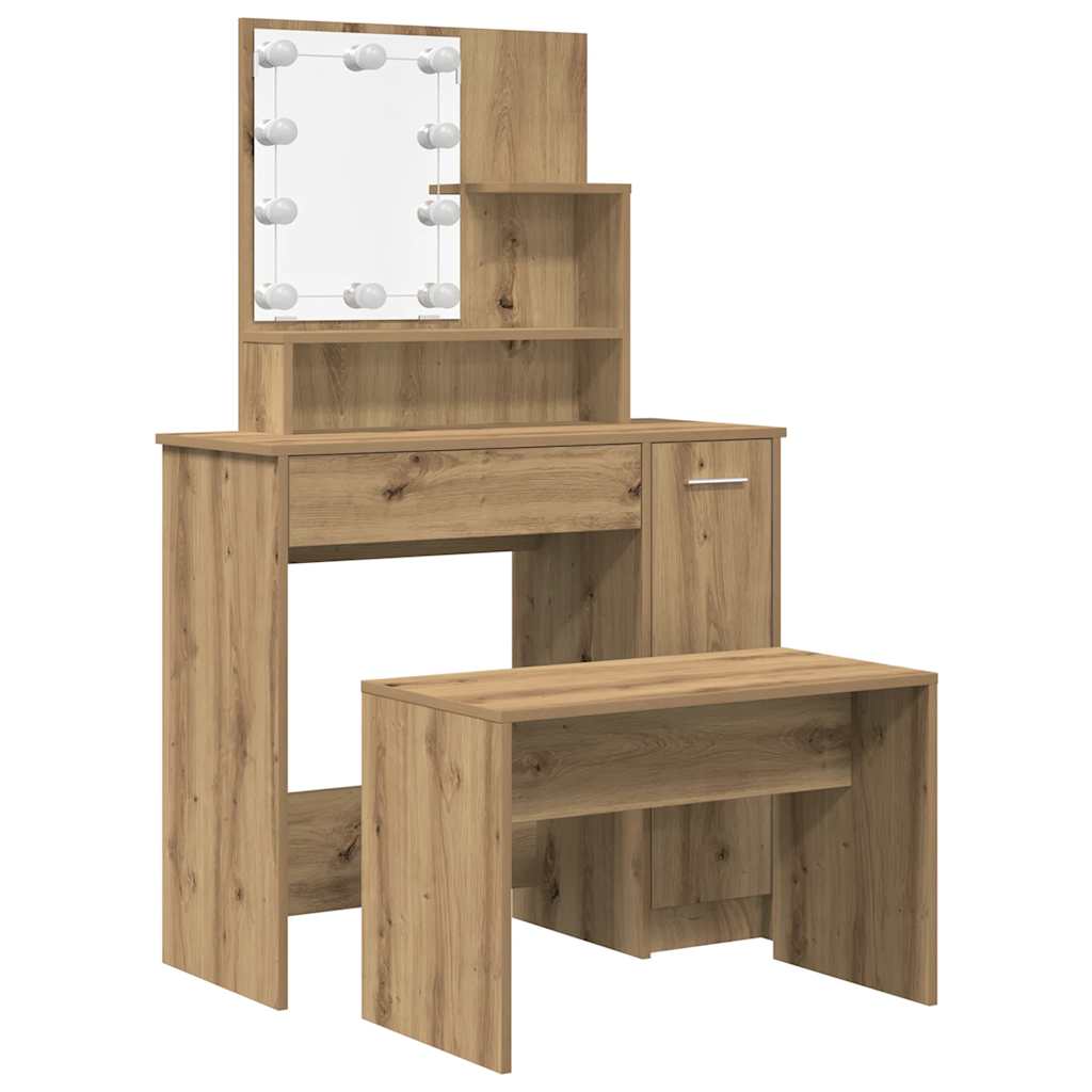 Schminktisch-Set mit LED Weiß Holzwerkstoff