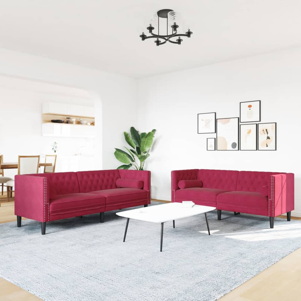 3-tlg. Chesterfield-Sofa-Set mit Nackenrollen Hellgrau Samt