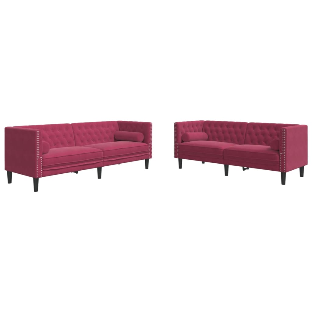 3-tlg. Chesterfield-Sofa-Set mit Nackenrollen Hellgrau Samt