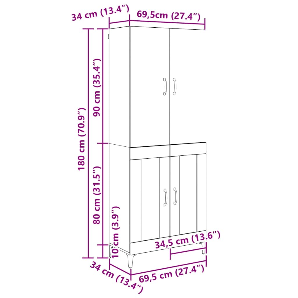 Highboard Altholz 69,5 x 34 x 180 cm Holzwerkstoff
