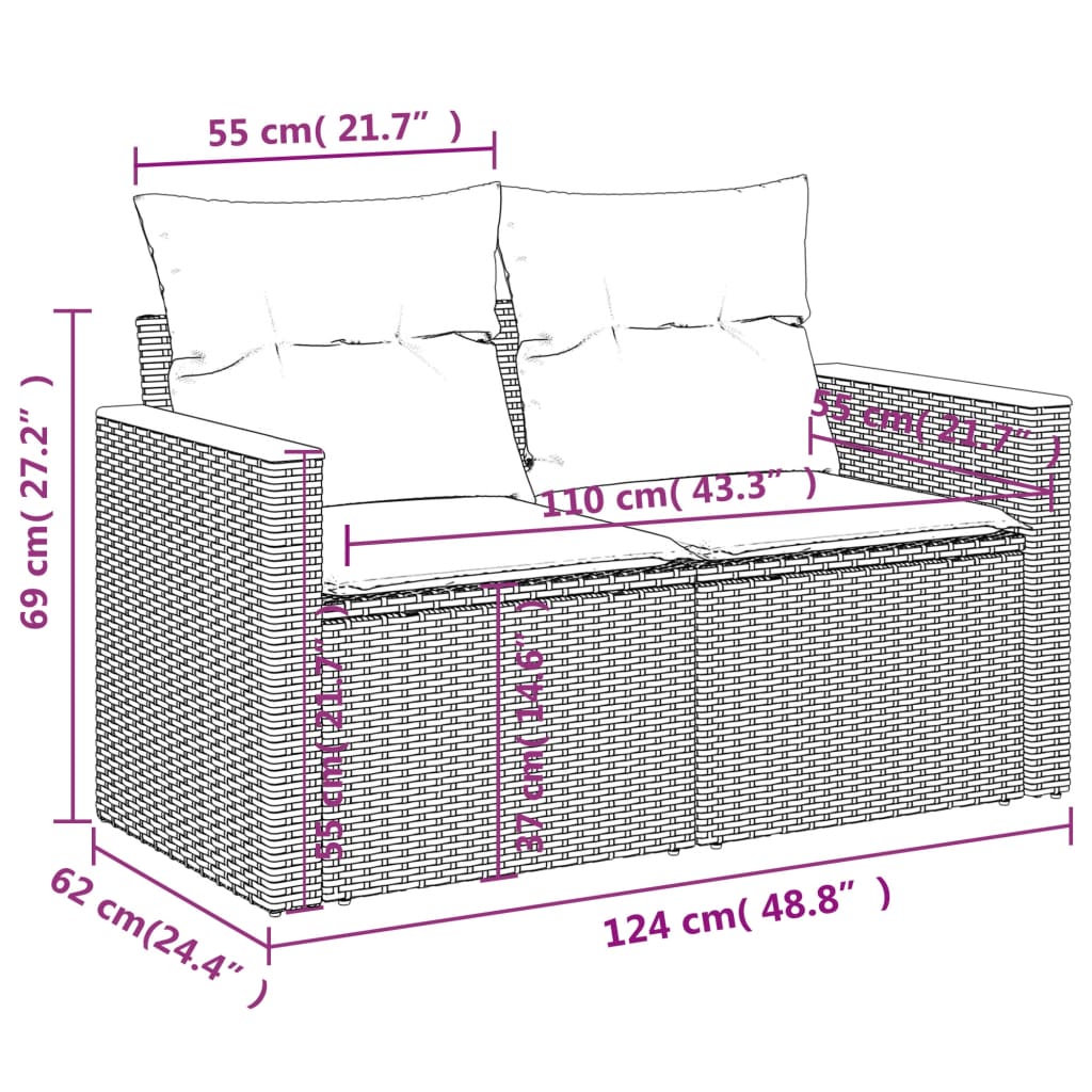 10-teiliges Gartensofa-Set mit Kissen, schwarzes Polyrattan