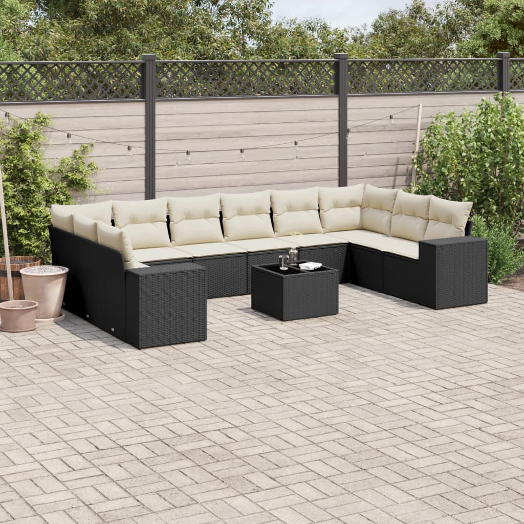 10-tlg. Garten-Sofagarnitur mit Kissen Schwarz Poly Rattan