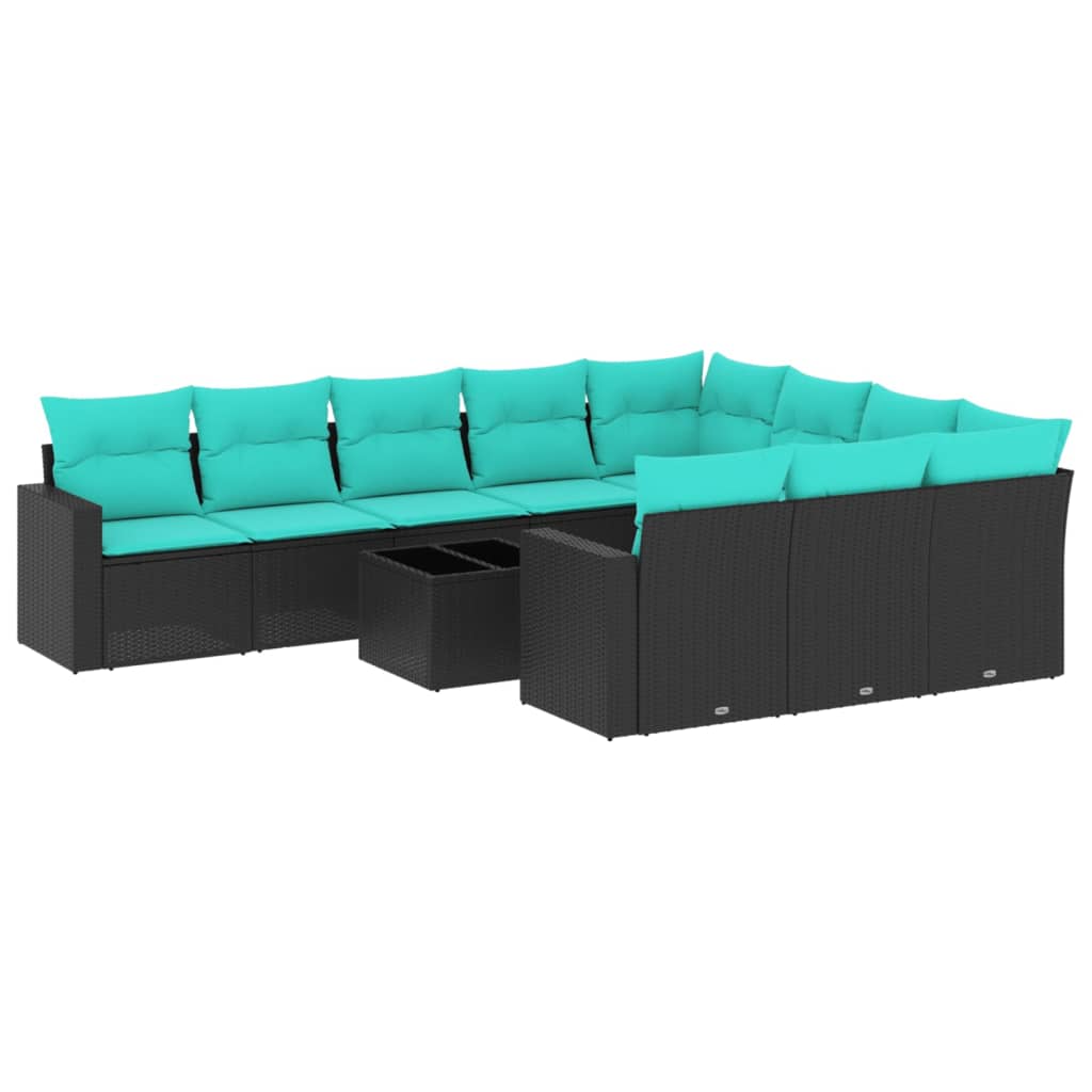 10-tlg. Garten-Sofagarnitur mit Kissen Schwarz Poly Rattan