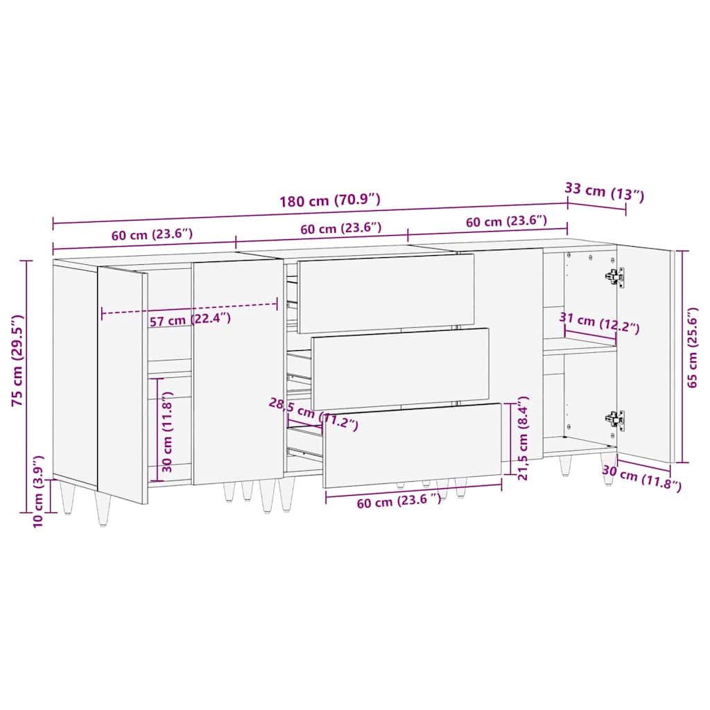 Badezimmerschrank-Set 3 pcs Grau und Gold 180 x 33 x 75 cm