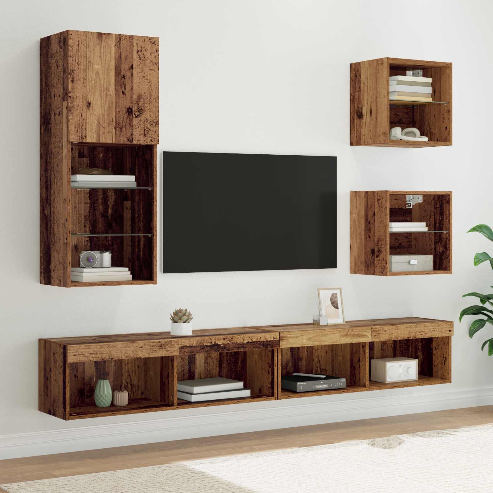 5-tlg. Wohnwand mit LED-Beleuchtung Weiß Holzwerkstoff