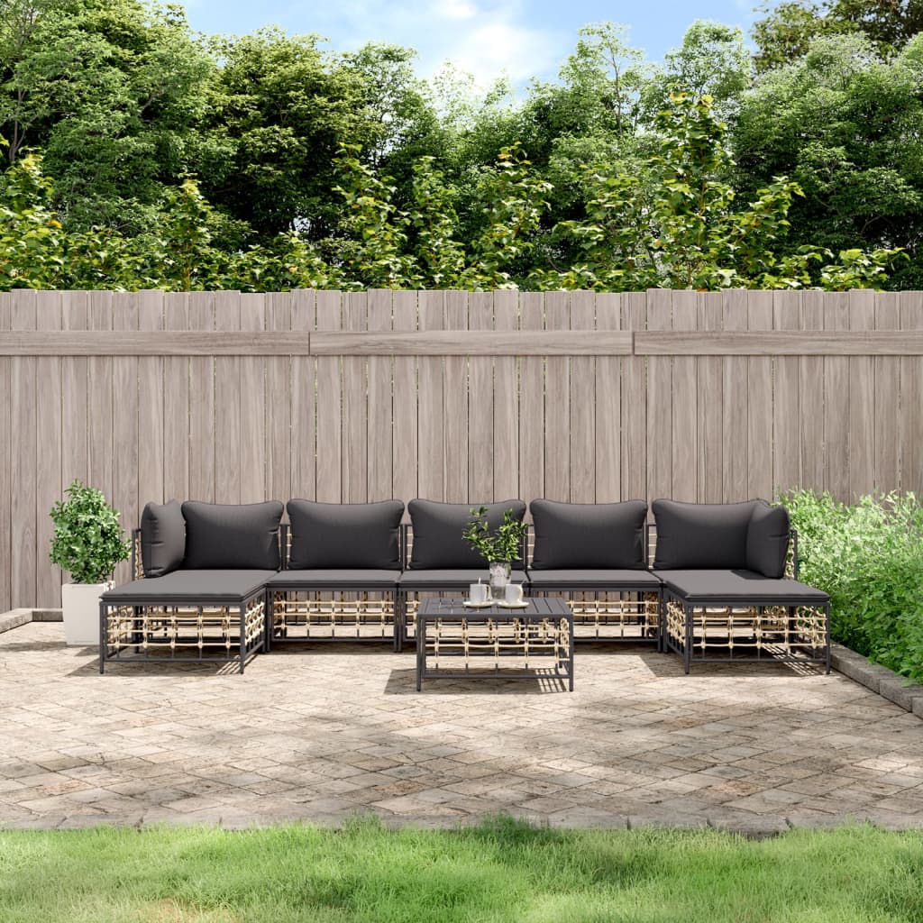7-tlg. Garten-Lounge-Set mit Kissen Anthrazit Poly Rattan