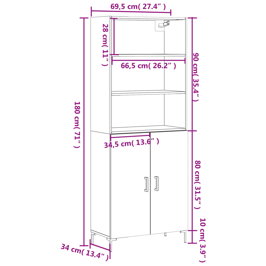 Highboard Hochglanz-Weiß 69,5x34x180 cm Holzwerkstoff