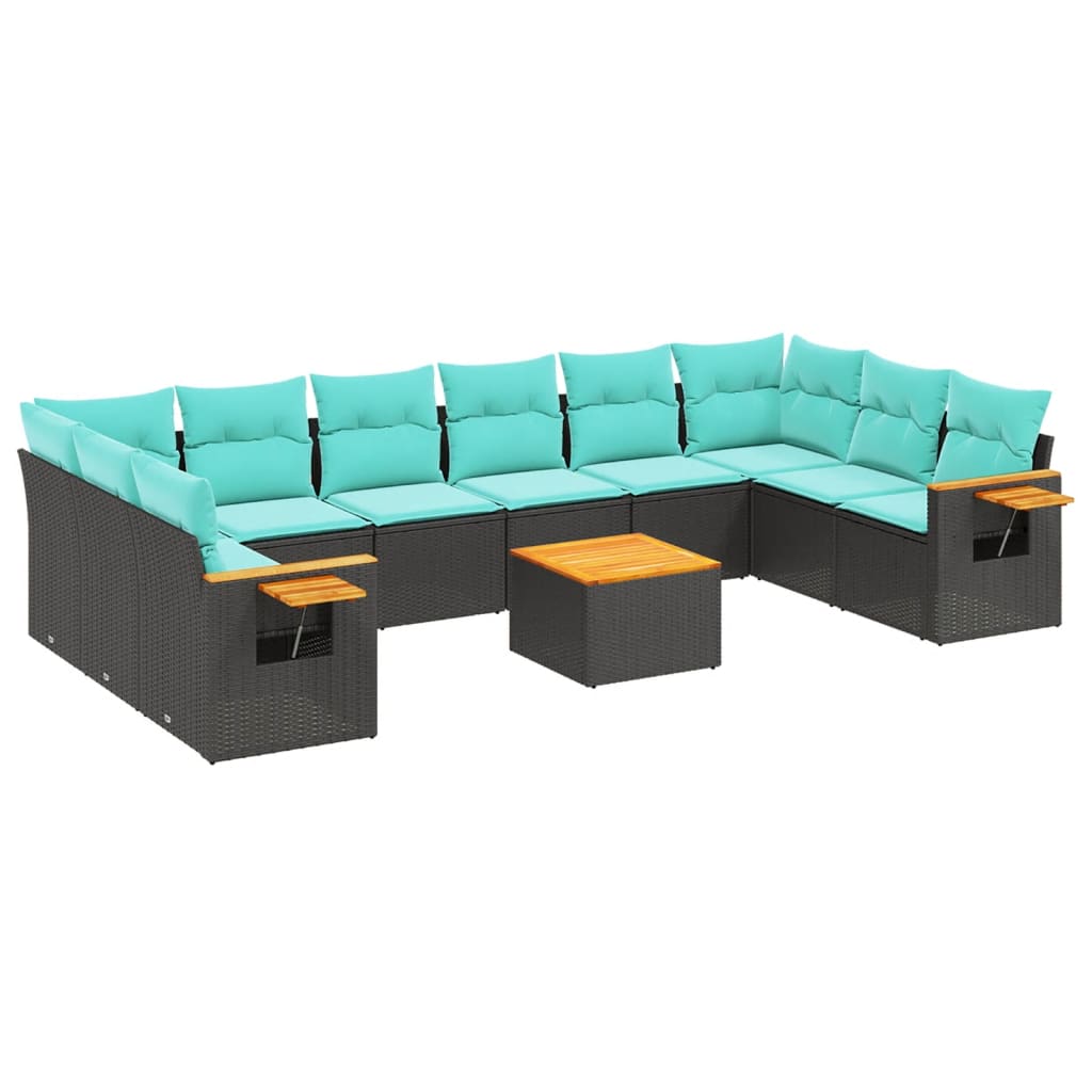 10-tlg. Garten-Sofagarnitur mit Kissen Schwarz Poly Rattan