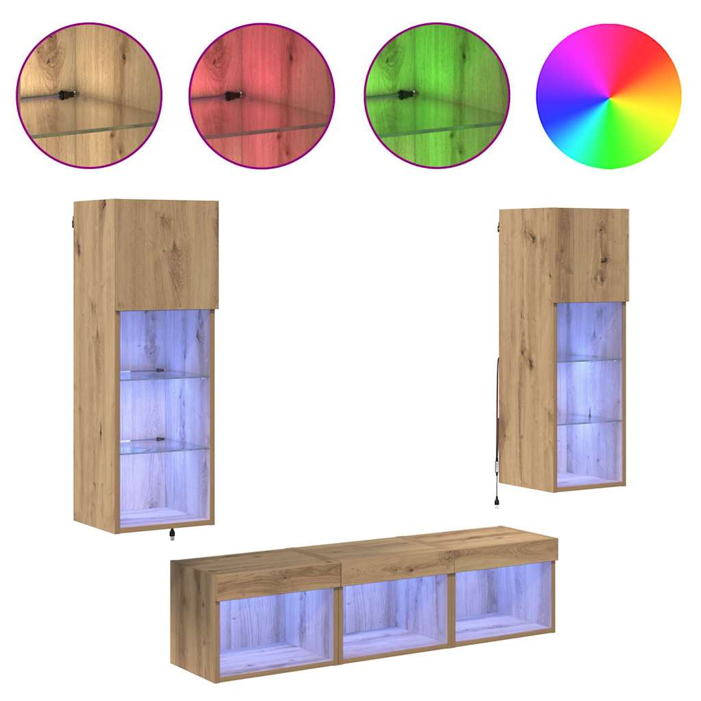 5-tlg. Wohnwand mit LED-Beleuchtung Weiß Holzwerkstoff